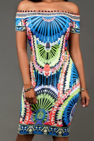 Sexy Off The Shoulder Short Sleeve Tribal Printed Midi Bodycon Dress