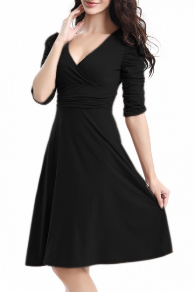 Women's Ruched Waist Classy V-Neck Casual Cocktail Dress