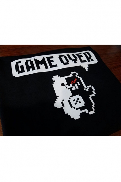 Cartoon GAME OVER Bear Graphic Printed Tee with Short Sleeve Round Neck