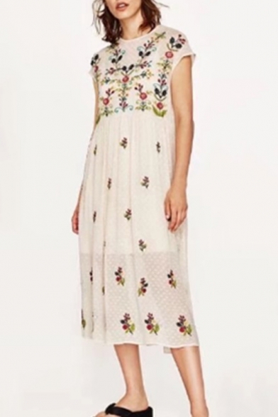 Chic Floral Embroidered Round Neck Sheer Mesh Patched Maxi Dress