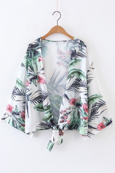 Chic Floral Pattern Long Sleeve Sun Protection Knotted Kimono Top