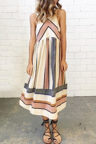 Color Block Striped Printed Round Neck Sleeveless Maxi Tank Dress