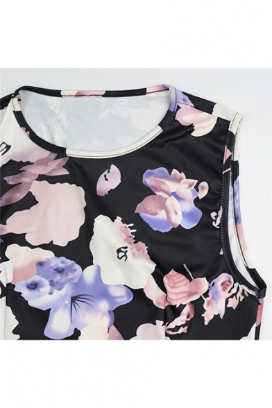 Floral Printed Round Neck Sleeveless Top with Mini A-Line Skirt Co-ords
