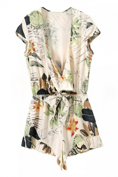 

Holiday Beach Plunge Neck Cap Sleeve Foliage Printed Fashion Rompers