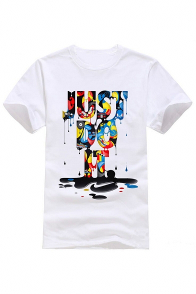 Hot Fashion Colorful Ink Letter Printed Round Neck Short Sleeve T-Shirt