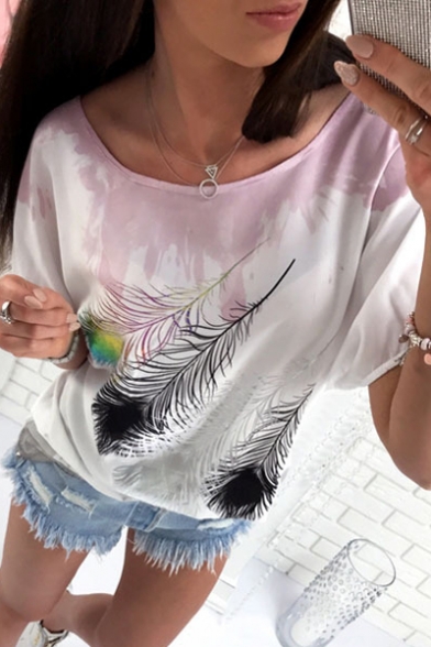 Hot Fashion Summer's Feather Printed Round Neck Short Sleeve Loose T-Shirt