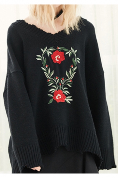 Loose Women's Embroidery Floral Pattern Long Sleeve Round Neck Pullover Sweater