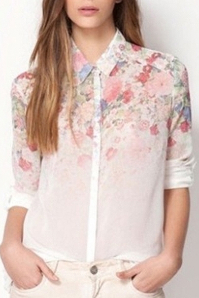 New Fashion Ombre Floral Printed Lapel Collar Long Sleeve Chiffon Shirt