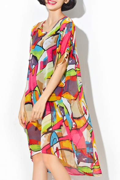 New Fashion Round Neck Short Sleeve Color Block Oversize High Low Chiffon Dress