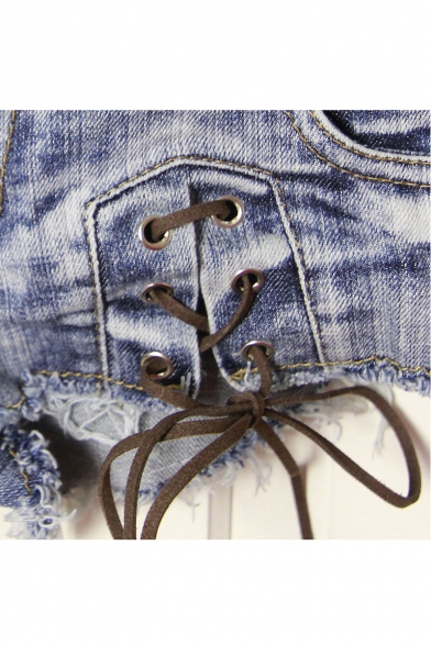 New Fashion Sexy Low Waist Lace-Up Front Hot Pants Denim Shorts