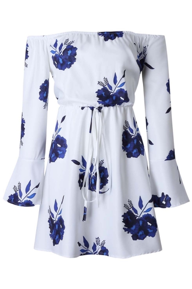 Sexy Off The Shoulder Long Sleeve Elastic Waist Floral Printed Mini Dress