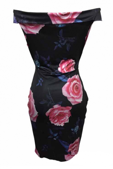 off the shoulder retro flower print black sheath dress