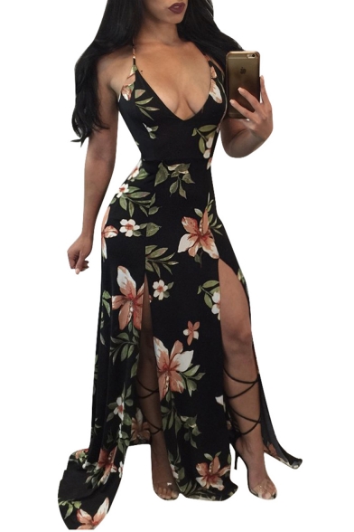 Sexy Plunge Neck Sleeveless Floral Printed Split Front Maxi Slip Dress