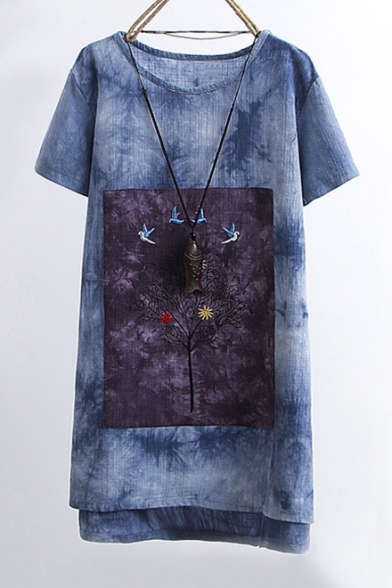 Tie-Dyed Embroidery Bird Tree Pattern Short Sleeve Round Neck Mini T-Shirt Dress
