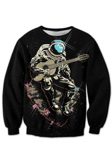 3D Astronaut Playing Guitar Pattern Round Neck Long Sleeve Pullover Sweatshirt