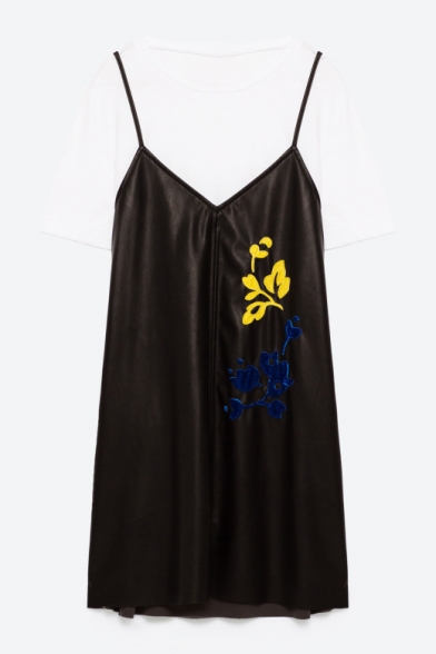 Basic Simple Round Neck Short Sleeve Tee with Embroidered Mini PU Slip Dress