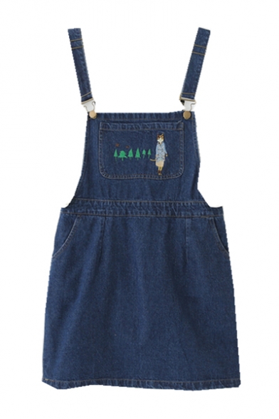 Cartoon Cat Embroidered Casual Leisure Mini Denim Overall Dress with Pockets