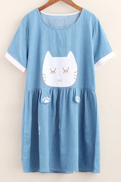 Cartoon Cat Pattern Round Neck Short Sleeve Loose Leisure Mini T-Shirt Dress