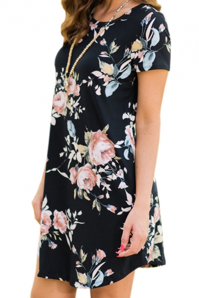 Casual Floral Printed Short Sleeve Round Neck Mini T-Shirt Dress with Pockets