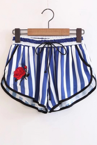 Chic Floral Embroidered Striped Print Elastic Waist Sports Loose Shorts