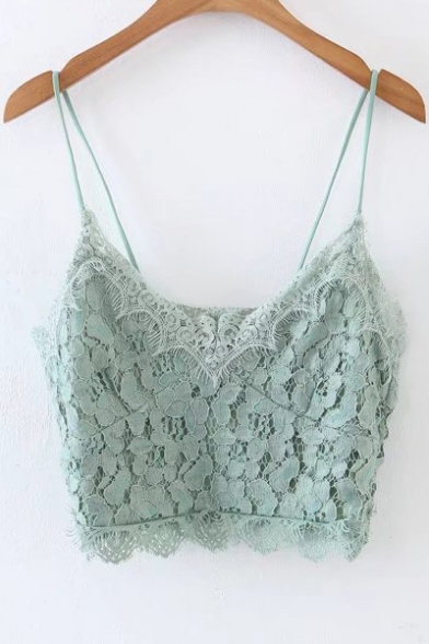 Chic Lace Inserted Spaghetti Straps Plain Cropped Cami Top