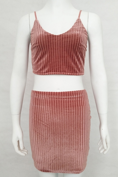 Fashion Spaghetti Straps Sleeveless Zip Back Cropped Cami with Mini Bodycon Skirt Plain Co-Ords