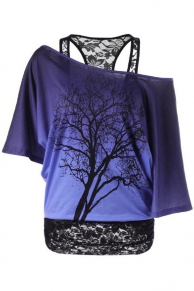 Lace Straps Batwing Sleeve Cold Shoulder Tree Printed Oversize T-Shirt