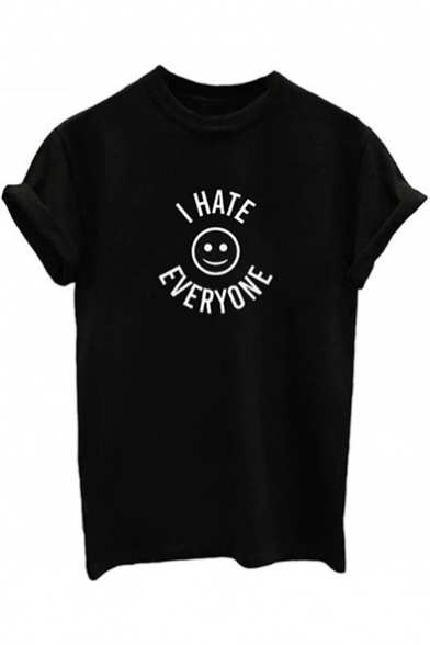 Letter Happy Face Pattern Round Neck Short Sleeve Pullover T-Shirt