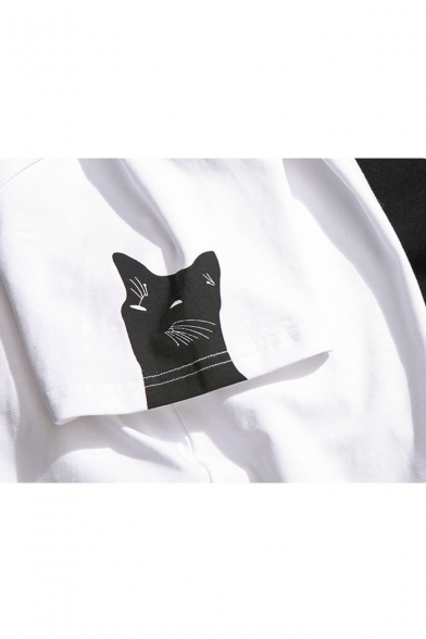 Loose Oversize Cartoon Cat Printed Round Neck Short Sleeve Pullover Tee