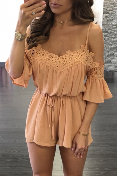 New Arrival Spaghetti Straps Lace Hollow Out Off The Shoulder Plain Rompers