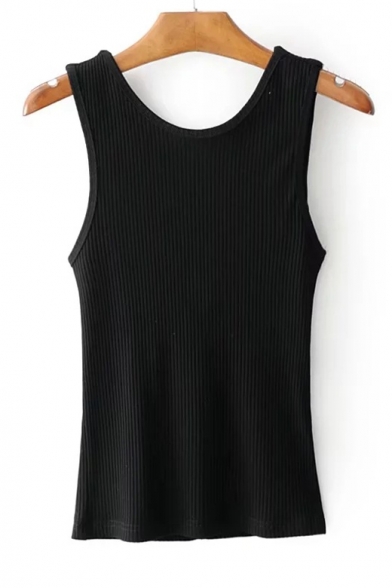 New Arrival Twisted Open Back Round Neck Sleeveless Plain Tank Tee