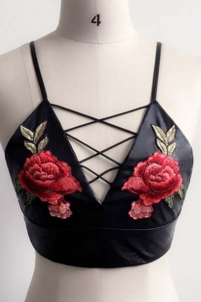 Sexy Fashion Embroidery Floral Spaghetti Straps Crisscross Front Cropped PU Cami Tank