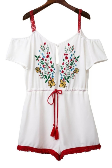 Chic Floral Embroidered Straps Cold Shoulder Short Sleeve Tassel Hem Rompers