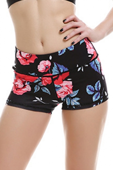 Chic Floral Printed Elastic Waist Yoga Sport Shorts