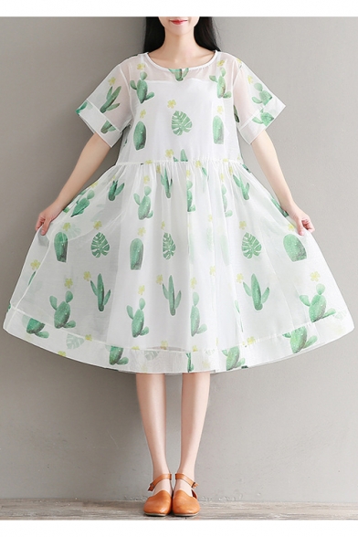 Chic Sheer Cactus Printed Short Sleeve Round Neck Midi Smock Dress with One Cami Dress