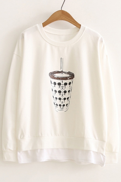 Coke Cup Pattern Round Neck Long Sleeve Casual Leisure Pullover Sweatshirt