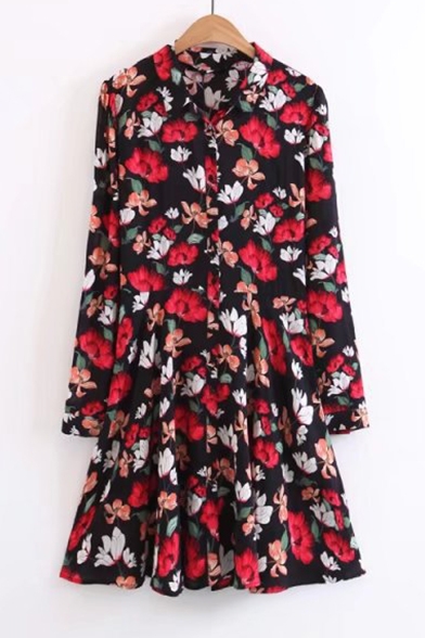 Color Block Floral Printed Lapel Single Breasted Long Sleeve Midi Shirt Dress