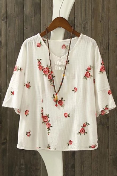 Embroidery Floral Pattern Round Neck Half Sleeve Loose Blouse