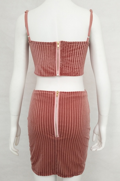 Fashion Spaghetti Straps Sleeveless Zip Back Cropped Cami with Mini Bodycon Skirt Plain Co-Ords