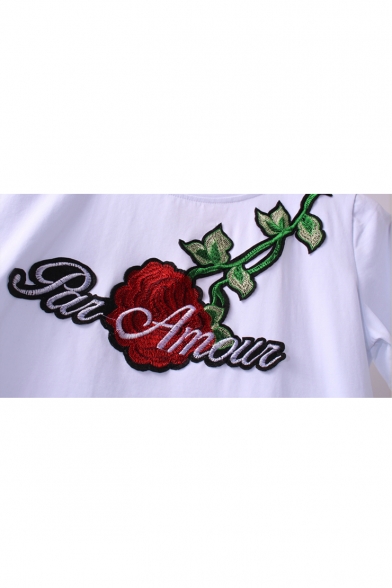 Fashion Two Pieces Embroidery Letter Floral Appliqued Short Sleeve Round Neck Tee with Embellished Skirt