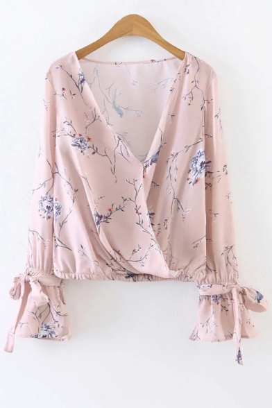 Floral Printed Plunge Neck Long Sleeve Bow Tie Cuff Casual Leisure Blouse