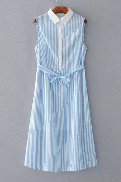 Lapel Collar Sleeveless Tie Waist Striped Printed Midi A-Line Dress