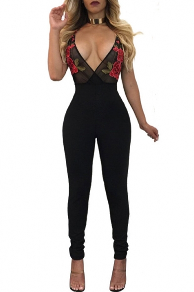 New Fashion Chic Floral Embroidered Plunge Neck Sleeveless Tight Jumpsuits