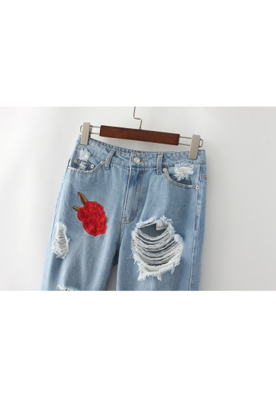 New Fashion Cut Out Chic Floral Embroidered Straight Legs Casual Leisure Jeans