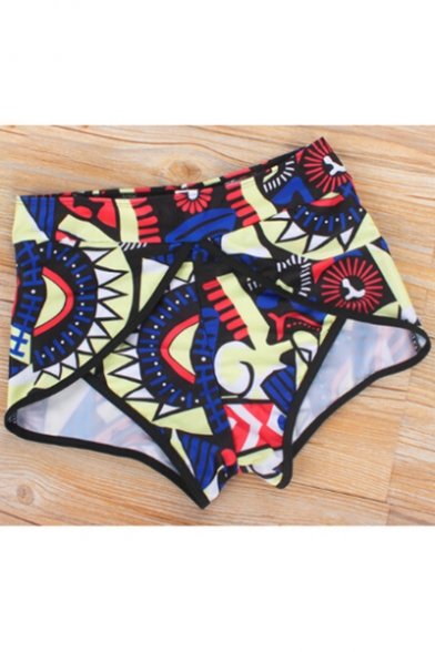 Sheer Mesh Inserted Round Neck Sleeveless Geometric Print Tankini Swimwear