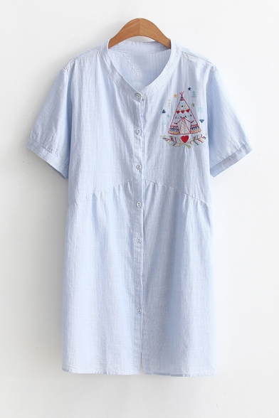 Striped Printed Short Sleeve Summer's Mini Linen Shirt Dress