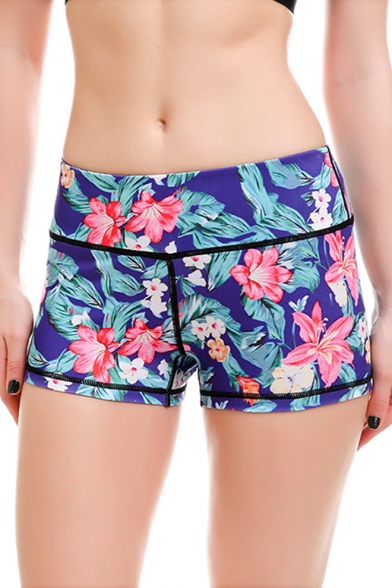 Summer's Elastic Waist Floral Printed Fitted Yoga Sports Shorts