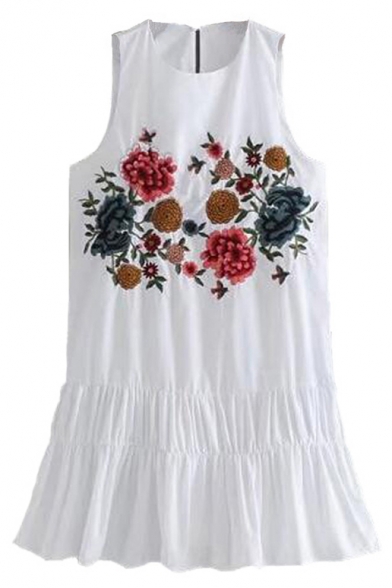 Chic Floral Embroidered Round Neck Sleeveless Midi Tank Dress