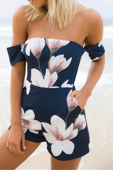 Chic Floral Printed Short Sleeve Off The Shoulder Rompers with Pockets