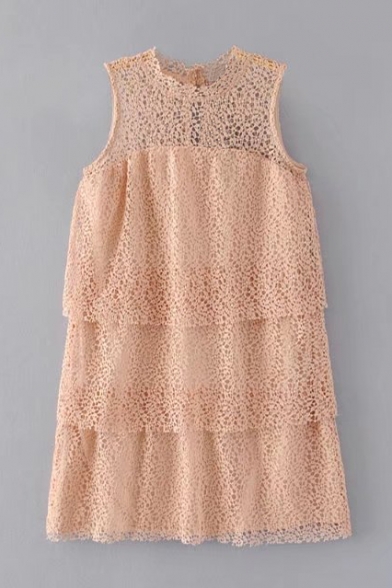 Chic Hollow Out Lace Inserted Round Neck Sleeveless Plain Layered Mini Dress